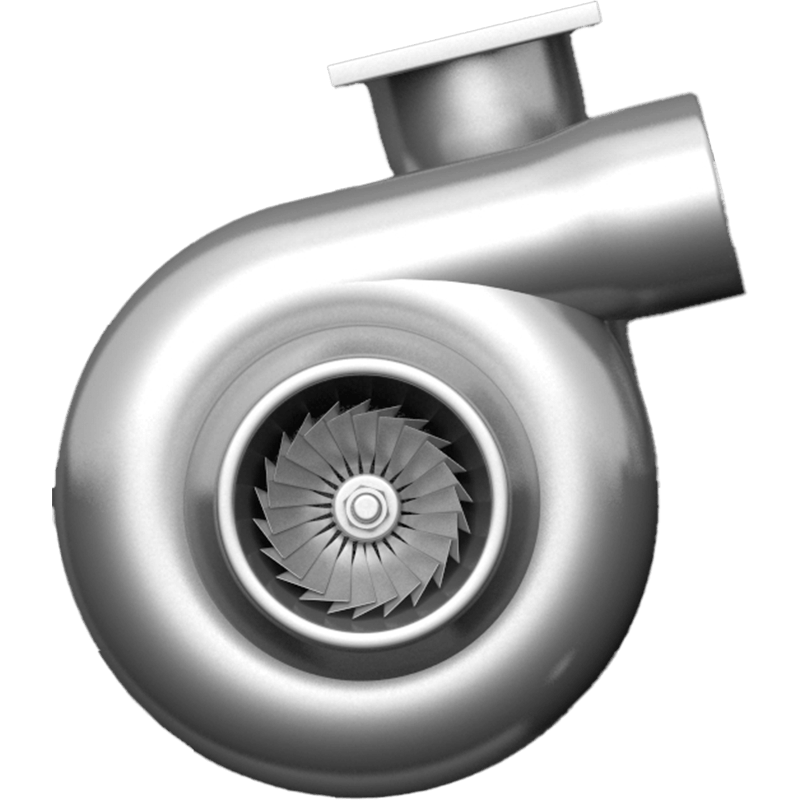 Turbocharger with a sleek, metallic design, showcasing the turbine wheel and housing. Essential for enhancing engine performance in vehicles.
