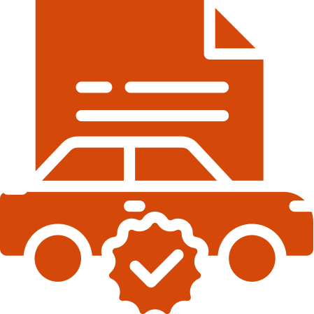 Icon illustrating car registration, featuring a vehicle alongside a document and a check mark symbol. Relevant for discussions about vehicle compliance.
