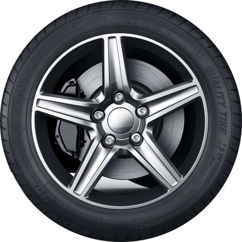 Five-spoke alloy wheel with a black tire, showcasing its shiny finish and brake caliper. Ideal for automotive product showcases or tire sales.